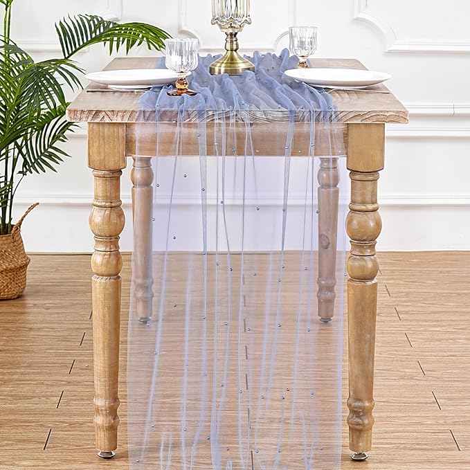 Tulle Table Runner Wedding Decorations: 10ft Veil Dusty Blue Dessert Table Fabric 12pcs Chiffon Pearl Lace Boho Glitter Table Overlay Desk Runners Diamonds Party Decorations Doilies
