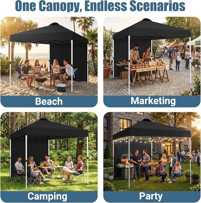 10x10 Pop Up Canopy Tent with One Sidewall, Instant Folding Outdoor Shelter with Air Vent, High Strength Steel Frame and Handheld Carry Bag for Backyard Party, Camping, Black