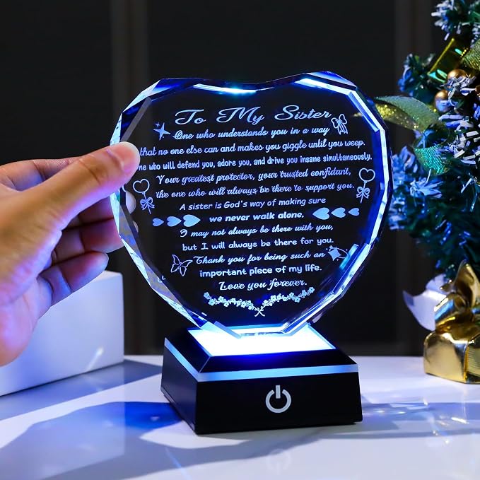 Arikyrist Birthday Gifts for Sister Crystal Heart Keepsake with LED Light Base Sister Gifts from Sisters Brother on Christmas Graduation Wedding