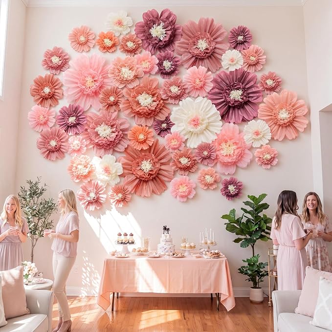 Giegxin 44 Pcs Multiple Sizes Boho Giant Paper Flowers for Wall Decorations Pink White Big Tissue Flowers Boho Party Decorations Floral for Wedding Baby Shower Classroom Nursery Bachelorette Backdrop