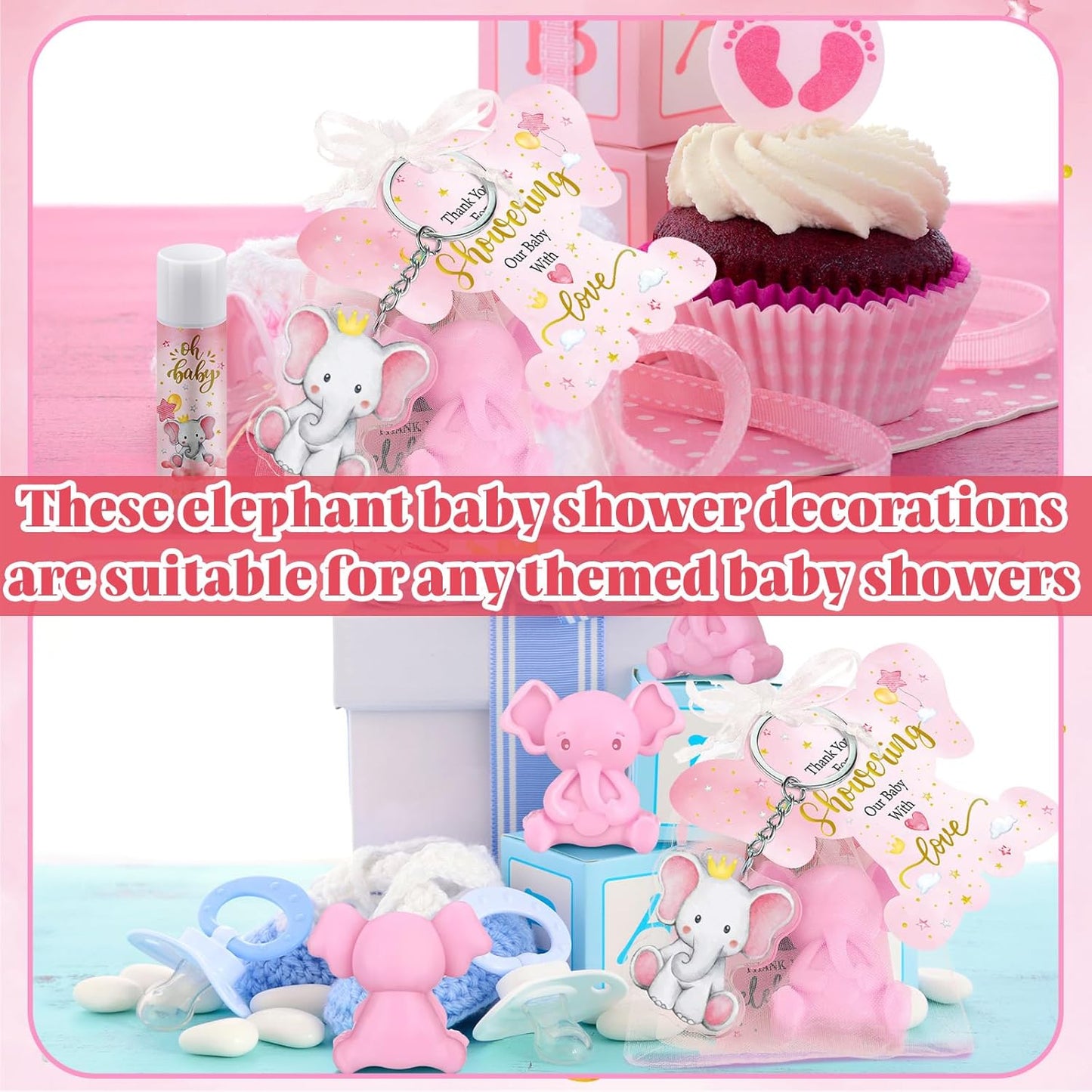 288 Baby Shower Favors Baby Shower Gifts Bulk Lip Balms Soaps Keychains Organza Bags Guest Appreciation Gift with Thank You Tags and Cards for Boys Girls Guest Gift(Pink,Elephant)