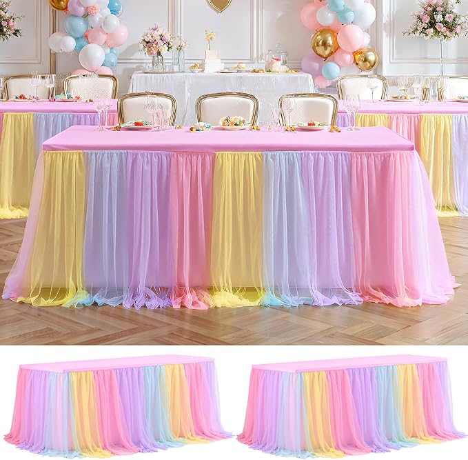 2 Pack Rainbow Tablecloths with Tulle Table Skirt for 6 Foot Tables | Rectangle Tables, Party Ruffle Tutu Table Skirt, Stretch Fitted Covers, Wedding Reception Birthday Baby Shower