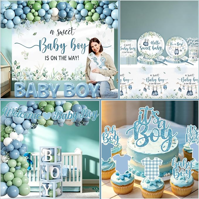 Blue and Sage Green Baby Boy Shower Decorations, All-in-1 Boho Baby Shower Decorations Boy with Balloon Arch Boy Boxes Plates Napkins Cake Toppers Tablecloth Backdrop Banner for Its a Boy Baby Shower