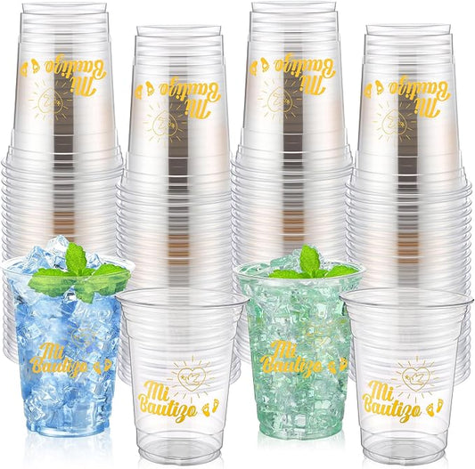 100 Pcs Spanish Baptism Plastic Cups 16 oz Gold Dove Mi Bautizo Cups for Spanish Baptism Decorations, Easter First Communion & Hispanic Baby Shower Party Supplies