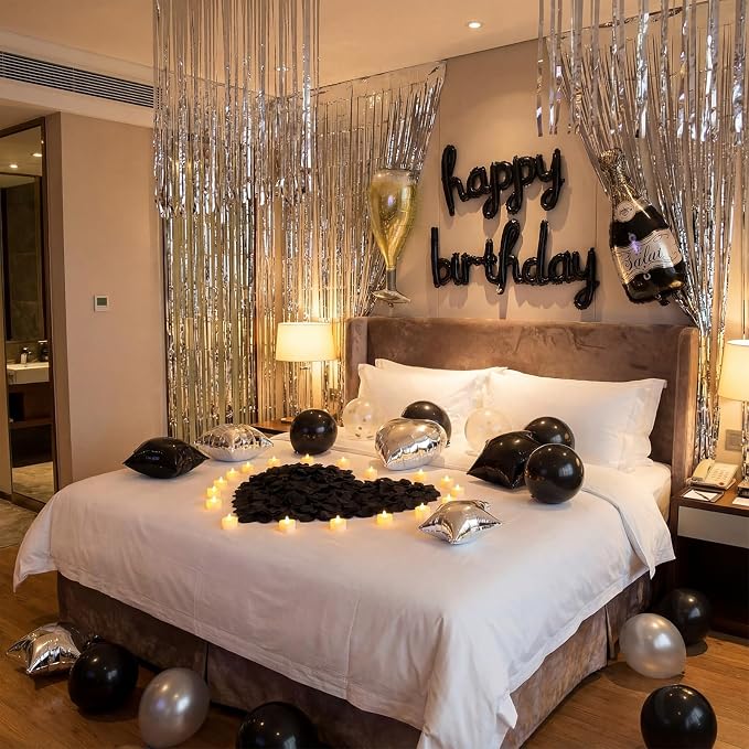 Realspring 175 Pcs Black Happy Birthday Balloons Decorations Set Black and Sliver Birthday Letters Banner with LED Candle Star Balloons 5000 Rose Petals for Surprise Party Room Decor Men Women