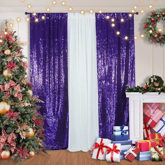 SquarePie 2 PCS 2x8ft Purple Sequin Backdrop Curtains, Satin-Backed Shimmering Photo Booth Background, 2 Panels Narrow Real Sequin Drapes with 4" Rod Pocket for Party, Baby Shower, Doorway Decor