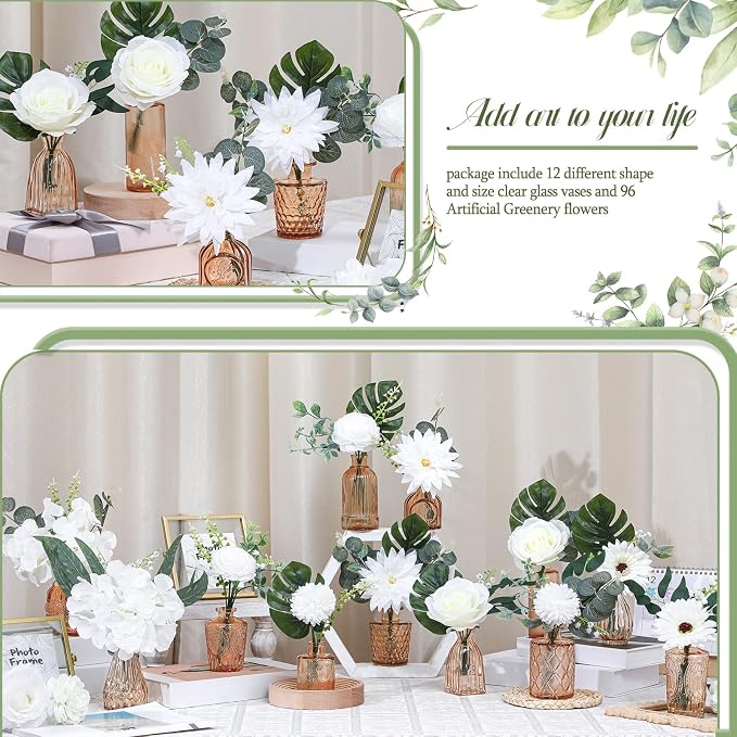 FoldTier 108 Pcs Artificial Flowers in Vase 96 Pcs Faux Greenery Stem Table Centerpiece Fake Plants Silk Roses Arrangement 12 Pcs Glass Vase Sets for Wedding Bathroom Home Dining Decor(Champagne)