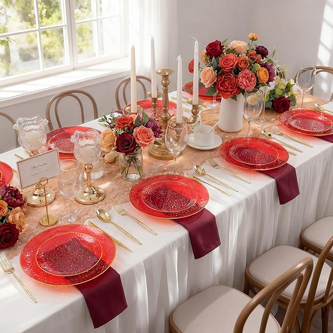 I00000 150Pcs Red Plastic Plates with Gold Rim,Fancy Plastic Plates,Red hammer patterned Disposable plates Set include 30 Dinner Plate,30 Dessert Plate,90 plastic Silverware Set for Valentine's Day
