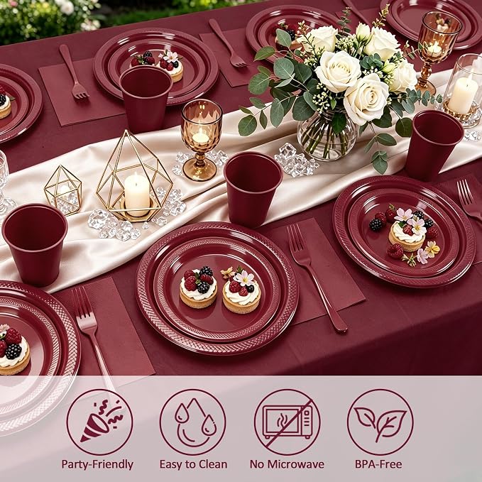 Burgundy Plastic Plates for Party,Disposable Burgundy Party Supplies,30 of Each 9" Dinner,7" Dessert Plate,Napkins,Cups,Forks and 1 Tablecloth Dinnerware for Birthday Wedding Elegant Parties