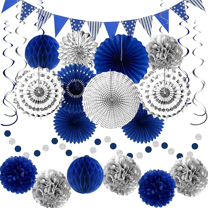 24 Pcs Blue and Silver Party Decorations, Paper Fans Honeycomb Pom Poms Pennant Garland, Reusable Hanging Supplies for 2026 Blue Graduation Decorations, Blue Birthday Decorations