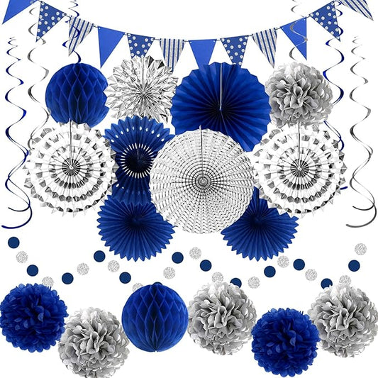 24 Pcs Blue and Silver Party Decorations, Paper Fans Honeycomb Pom Poms Pennant Garland, Reusable Hanging Supplies for 2026 Blue Graduation Decorations, Blue Birthday Decorations