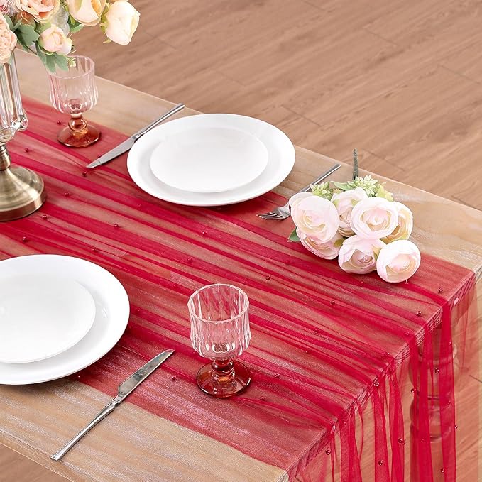 Pearl Tulle Table Runner Fabric: Red 10ft Valentines Veil Dessert Christmas Chiffon Pearl Lace Boho Glitter Overlay Wedding Aisle Runner Party Decorations Doilies