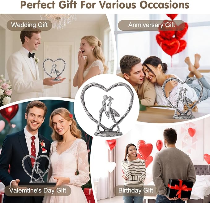 Anniversary Wedding Gift for Her Wife Husband Couple， Antique Silver Metal Couple Figurine Heart Sculpture Love Statue，Romantic 1st to 60th Anniversary,Includes Gift Box and Gift Card，Valentines Gifts