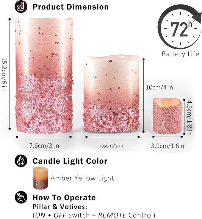 FURORA LIGHTING Pink Glitter LED Candles, 8-Pack Set with Remote & Timer | Includes 4 pillars and 4 votives. Beautiful pink starry glow perfect for bedrooms, vanity tables, and decor.