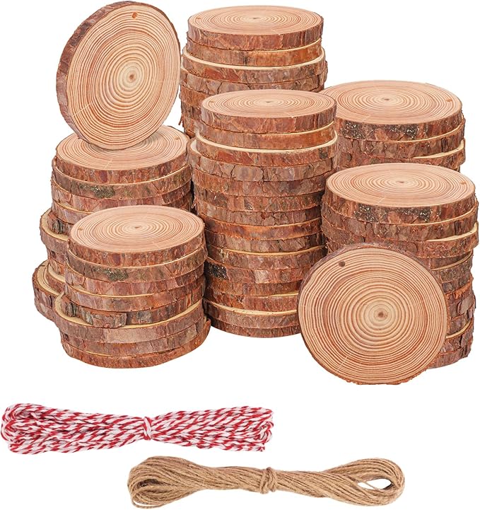 86 PCS Small Wood Slices with Hole, 3.5-4 Inch, Wood Slices for Christmas Rustic Wedding Ornaments, Centerpieces, Decorations, and More(Include 2 Rope)
