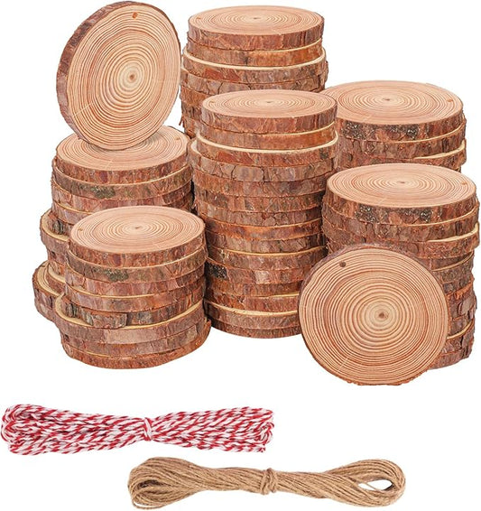 86 PCS Small Wood Slices with Hole, 3.5-4 Inch, Wood Slices for Christmas Rustic Wedding Ornaments, Centerpieces, Decorations, and More(Include 2 Rope)