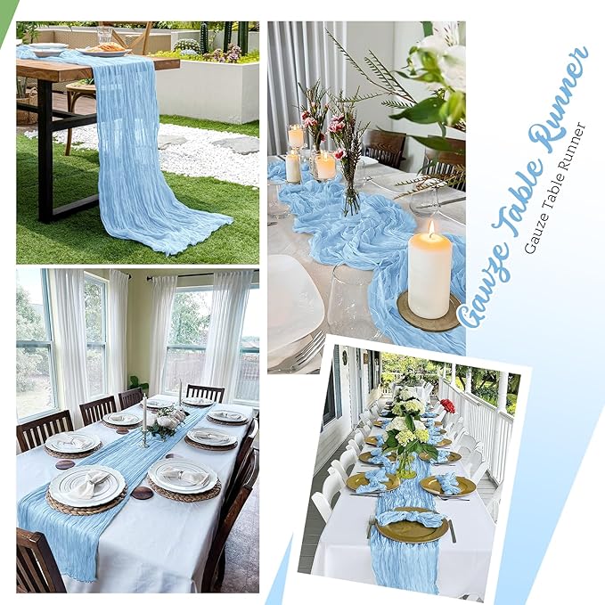16 Pack Baby Blue Cheesecloth Table Runners 20x120 Inch Gauze Table Runner 10FT Easter Cheese Cloth Table Runner Rustic Sheer Runner for Wedding Baby Shower Birthday Party Table Decor