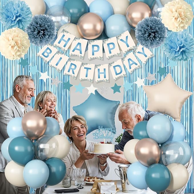 Blue Birthday Decorations, Retro Dusty Blue Sand White Gold Party Balloon Kit with Happy Birthday Banner Fringe Curtain Background Pom Poms Cake Topper for Baby Boys Girl Women Men Bday Decor Supplies
