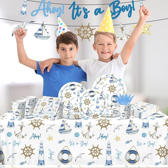 Ahoy Nautical Baby Shower Decorations Tableware - 142pcs Its A Boy Plates and Napkins Supplies, Party Dinnerware Tablecloth for Sailor Theme Decorations