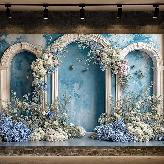 10X6ft Flower Wedding Backdrop Retro Blue Hydrangea Floral Butterfly Arch Photography Backdrops Modern Interior European Style Bridal Shower Wedding Party Portraits Photoshoot Photo Booth