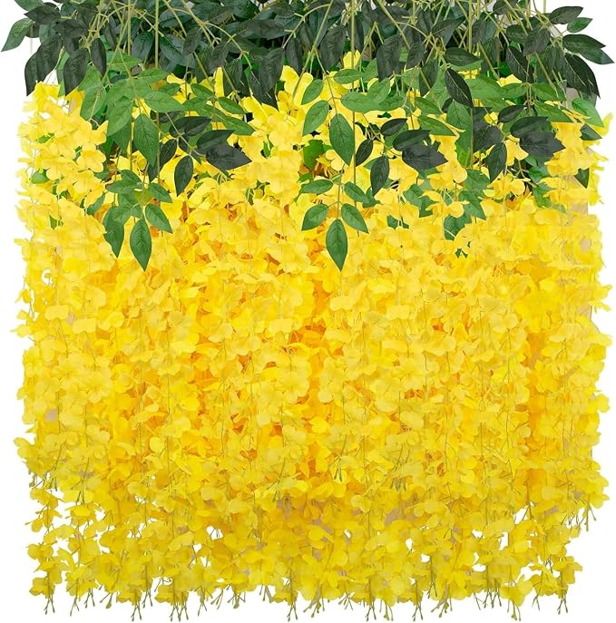 48 Pack Wisteria Hanging Artificial Flowers Fake Flowers Ratta Hanging Garland Silk Flowers String for Home Garden Party Wedding Backdrop Arch Decor (Yellow)