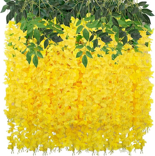 48 Pack Wisteria Hanging Artificial Flowers Fake Flowers Ratta Hanging Garland Silk Flowers String for Home Garden Party Wedding Backdrop Arch Decor (Yellow)