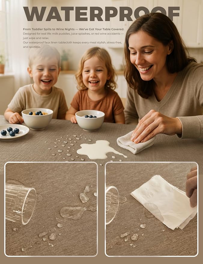 Decorelia Faux Linen Tablecloth for Dining Room, 60 x 104 Inch (8-10 Seats), Coffee