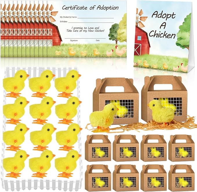 38 Pcs Adopt a Chick Party Favors Farm Animal Party Favor 12 Mini Wind up Jumping Chicken 12 Foldable Boxes 12 Cards 1 Adopt Sign 1 Fence for Adopt a Farm Animal Birthday Party Favor (Chick)