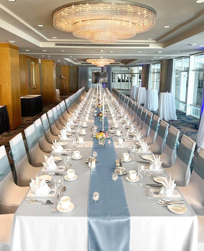 15 Pack Dusty Blue Satin Table Runners 12 x 108 Inch Long Table Runners for Rectangle Round Tables, Smooth Satin Table Runner for Wedding,Birthday Party Banquets Graduation Engagements Decoration