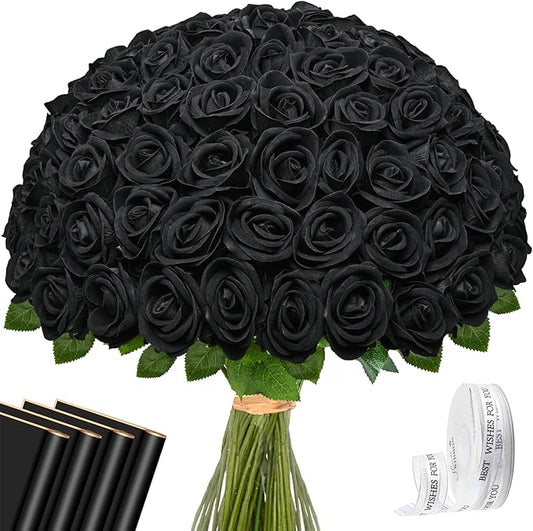 Waipfaru 50 Pcs Black Roses, Fake Roses Artificial Velet Flowers for Valentines Mothers Day Wedding Centerpieces Decor (Black)