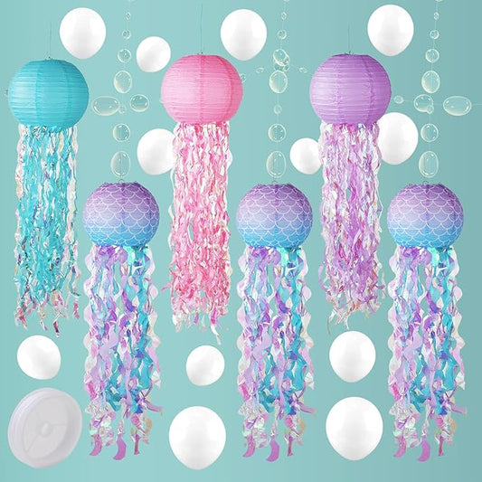 40 Pcs Mermaid Birthday Decorations 10'' Jellyfish Hanging Paper Lanterns with 5'' Clear Balloons and Bubble Garland for Baby Shower Theme Under The Sea Ocean Birthday Party Decor