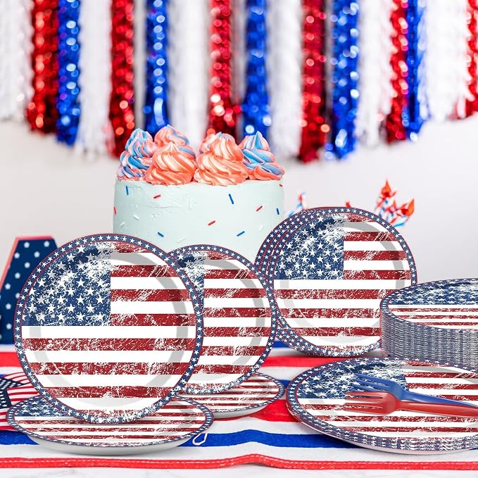 50 Guests 4th of July American Flag Patriotic Party Decorations Plates Napkins 250th Anniversary Themed Tableware Set Veterans Day Party Supplies Independence Paper Plates Napkins 200PCS