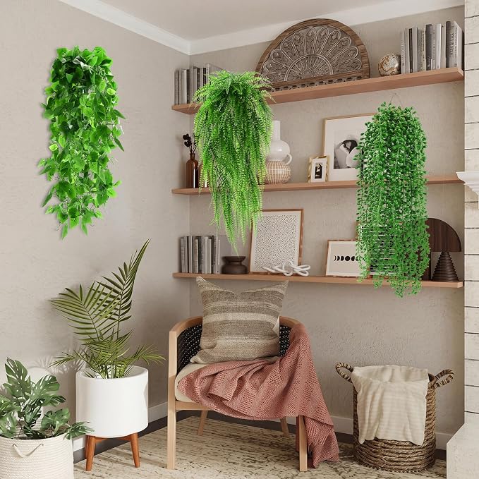Daifunli Artificial Hanging Plants Fake Hanging Ferns Plastic Fake Plants for Wall Room Garden Garland Indoor Outdoor Decor No Basket (4 Pcs,Boston, Eucalyptus, Ivy Vine, String of Pearls)