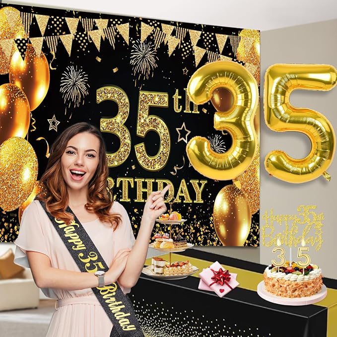 35th Birthday Decorations for Men Women with 35th Birthday Banner, Black and Gold Table Cloth, Number Balloons, Large Sash, Cake Topper and Candles