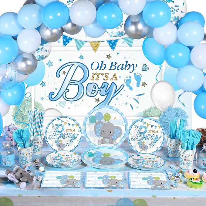Chengu 194 Pcs Elephant Baby Shower Party Supplies - Blue It's a Boy Backdrop Banner, Tablecloth, Tableware & Balloons Party Decorations for Baby Showers Gender Reveal(Boy Style)