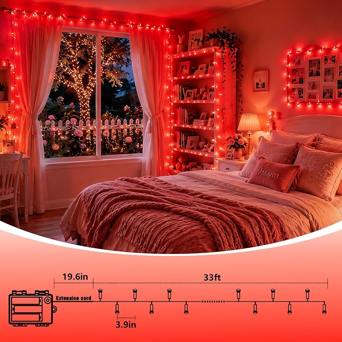 QITONG 2 Pack String Lights Battery Operated, Each 33ft 100 LED Red Christmas Lights Outdoor Waterproof, 8 Modes Clear Wire Twinkle Fairy Lights Indoor with Remote