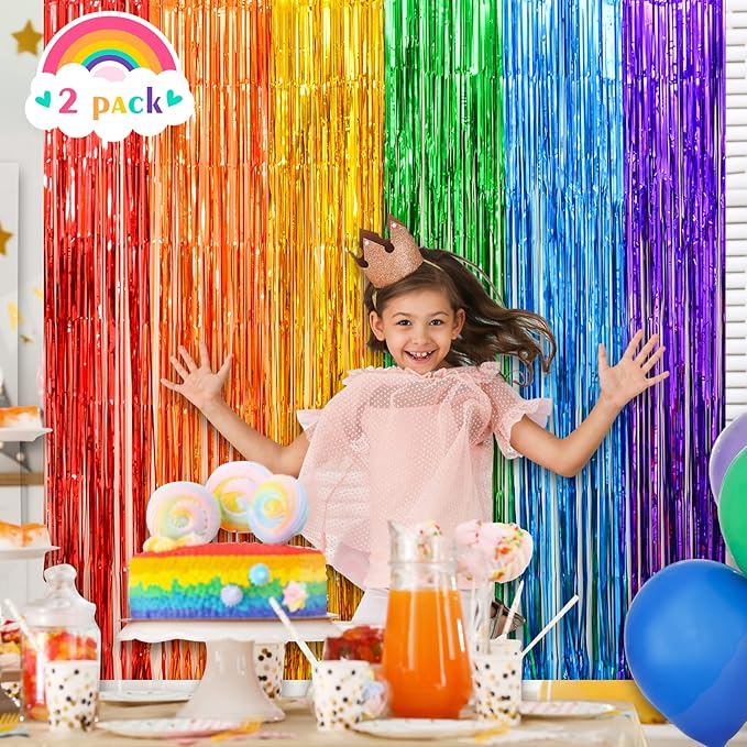 LOLStar Rainbow Party Decorations, 2 Pack 3.3x6.6ft Pride Decorations, Cartoon Birthday Decor Foil Fringe Curtains Rainbow Theme Backdrop, Streamers Photobooth Prop for Happy Kindergarten Graduation