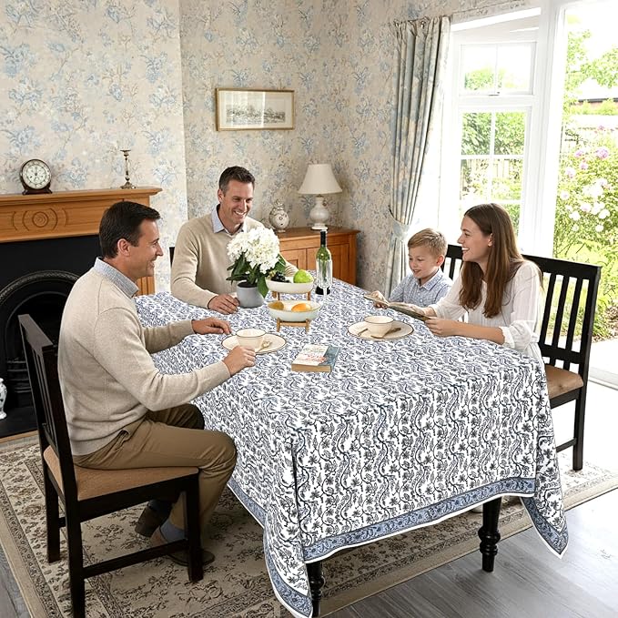 Ridhi Baby Blue Eyes Hand Block Print Cotton Rectangle Tablecloth 118" x 70" inches Reusable Table Cover Decorative Everyday Use for Dining Room, Farmhouse, Home Gift for Spring, Mother's Day