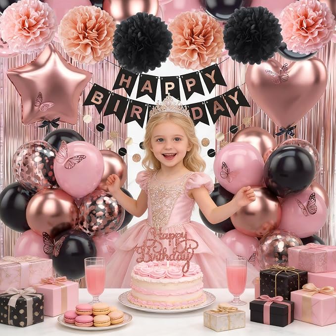 Rose Gold Black Birthday Party Decorations 12INCH Black Pink Rose Confetti Balloon Happy Birthday Banner Cake Topper Fringe Curtain Paper Pom Poms Butterfly Sticker 18INCH Heart Star Foil Girls Women