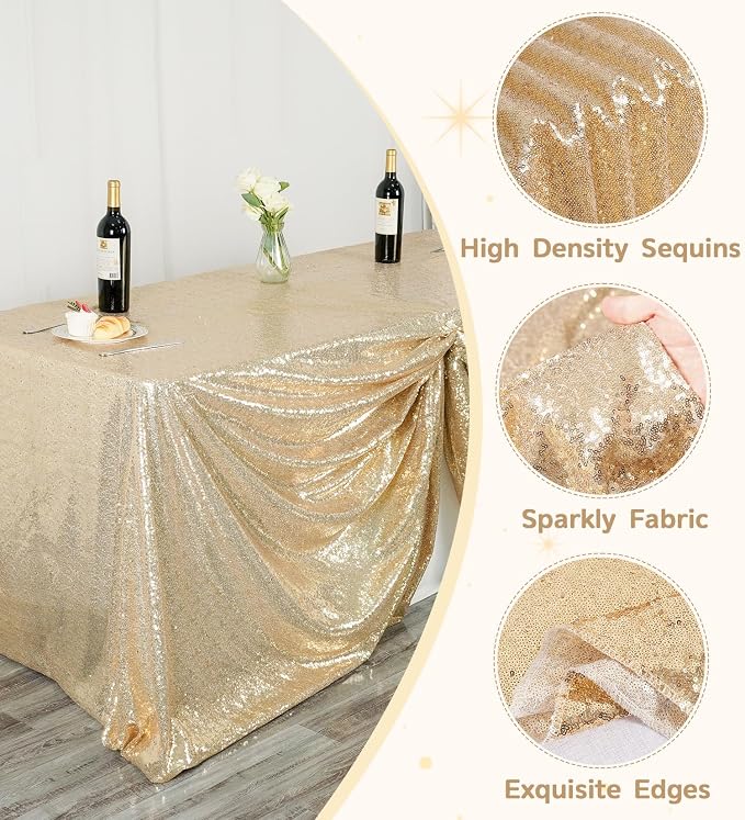 Juya Delight 60" x 102" Light Gold Rectangle Sequin Tablecloth for Party Festival Wedding Dinner Banquet Anniversary Exhibition Dessert Table...