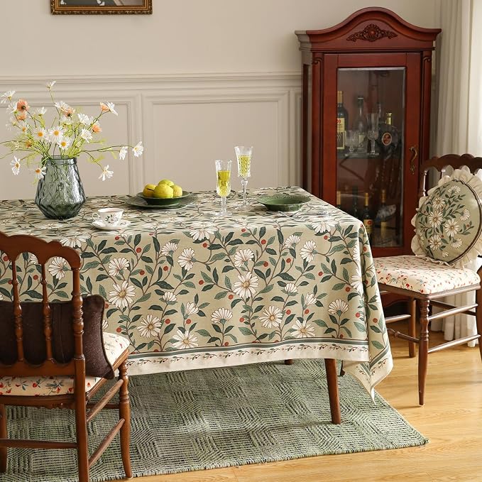 ISAENNE Designer Vintage Linen Green Rectangular Tablecloth,94"x63"-Brune | French Elegant Table Cloth Rectangle Table,Floral Pattern,Heavyweight,Decor,Dining Room,Tea Party,Kitchen,Thanksgiving