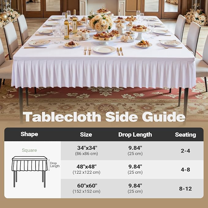 Shillance 60x60 Inch White Spandex Square Tablecloth 2 Pack,Wrinkle Free White Fitted Table Cloth for Square Tables,Washable Pleated Table Cover for Wedding Birthday Cocktail Party Buffet Dinner