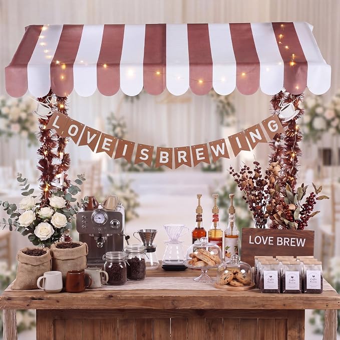 7 Pcs Love Is Brewing Bridal Shower Party Decorations Coffee Wedding Bachelorette Party Supplies with 1 Set Plastic Stand 1 Brown and White Striped Awning 4 Brown Tinsel 1 Love Is Brewing Banner