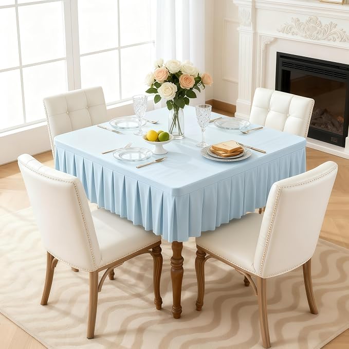 Wish Care Blue Spandex Tablecloths for 34x34 Inch Square Tables, Stretch Fitted Table Clothes with Pleated Ruffle Skirt for 34” Table, Wrinkle Free and Elastic, for Party Kitchen Home Dining