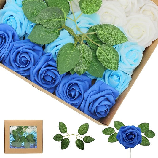 Artificial Flowers 50Pcs Blue and White Roses Real Looking Foam Fake Roses with Leaves for DIY Wedding Bouquets Bridal Shower Party Decorations (Blue Series, 50)