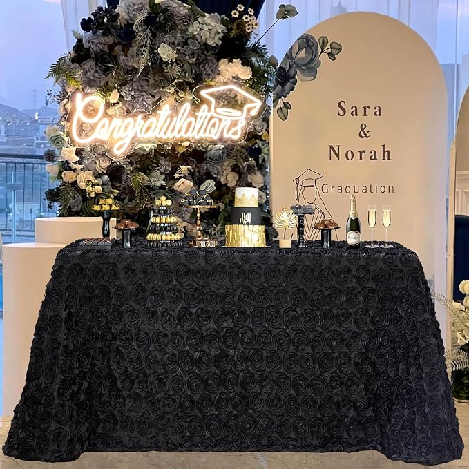 B-COOL Rosette Tablecloth Black 60x102 Inch 3D Floral Rectangle Table Cloth Birthday Table Cloths for Outdoor Birthday Party Holiday Decorations