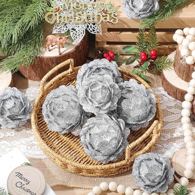 Sratte 8 Pcs Valentine Ball Ornaments Artificial Pinecone Hanging Ornaments Glitter Winter Faux Flower for Xmas Decor, 3.15/2.36 Inch(Silver)