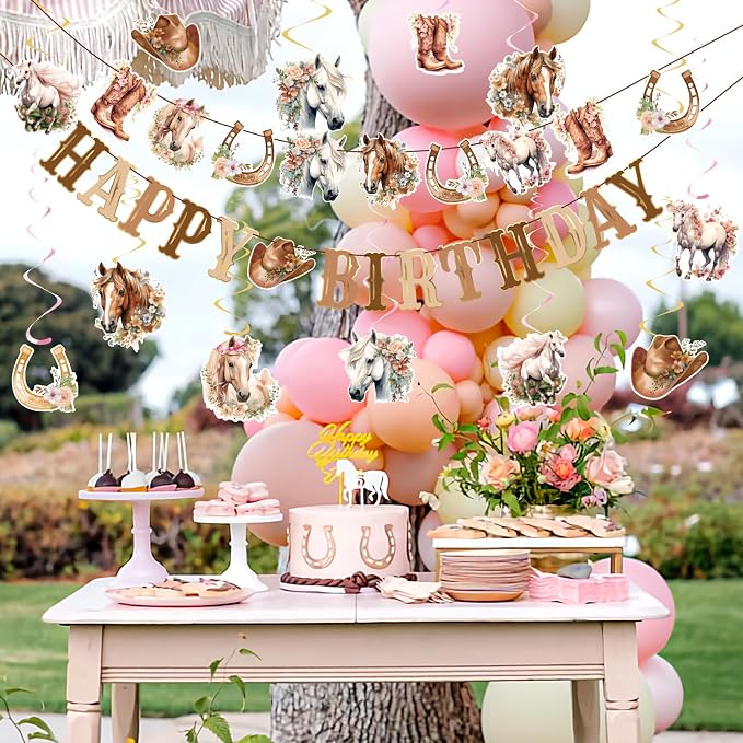 Horse Birthday Decorations for Girls, Brown and Pink Horse Cowgirl Party Decorations with Cowgirl Hanging Swirls, Happy Birthday Banners, Western Party for Women