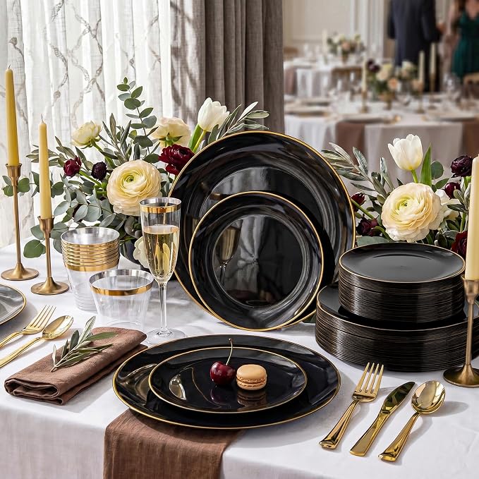 KIRE 60PCS Black Plastic Plates - Black Disposable Plates with Gold Rim - Include 30Pcs 10.25inch for Dinner and 30Pcs 7.5inch for Dessert for Wedding/Graduation/Party/Father's Day