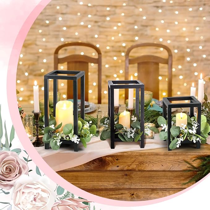 Geelin 12 Set Wooden Wedding Lantern Centerpiece Decor Baptism Lantern Candle Holder for Table Centerpiece Wedding Party Baby Shower Home Country Porch Patio Decor(7.87'', 10.59'', 12.99'',Black)